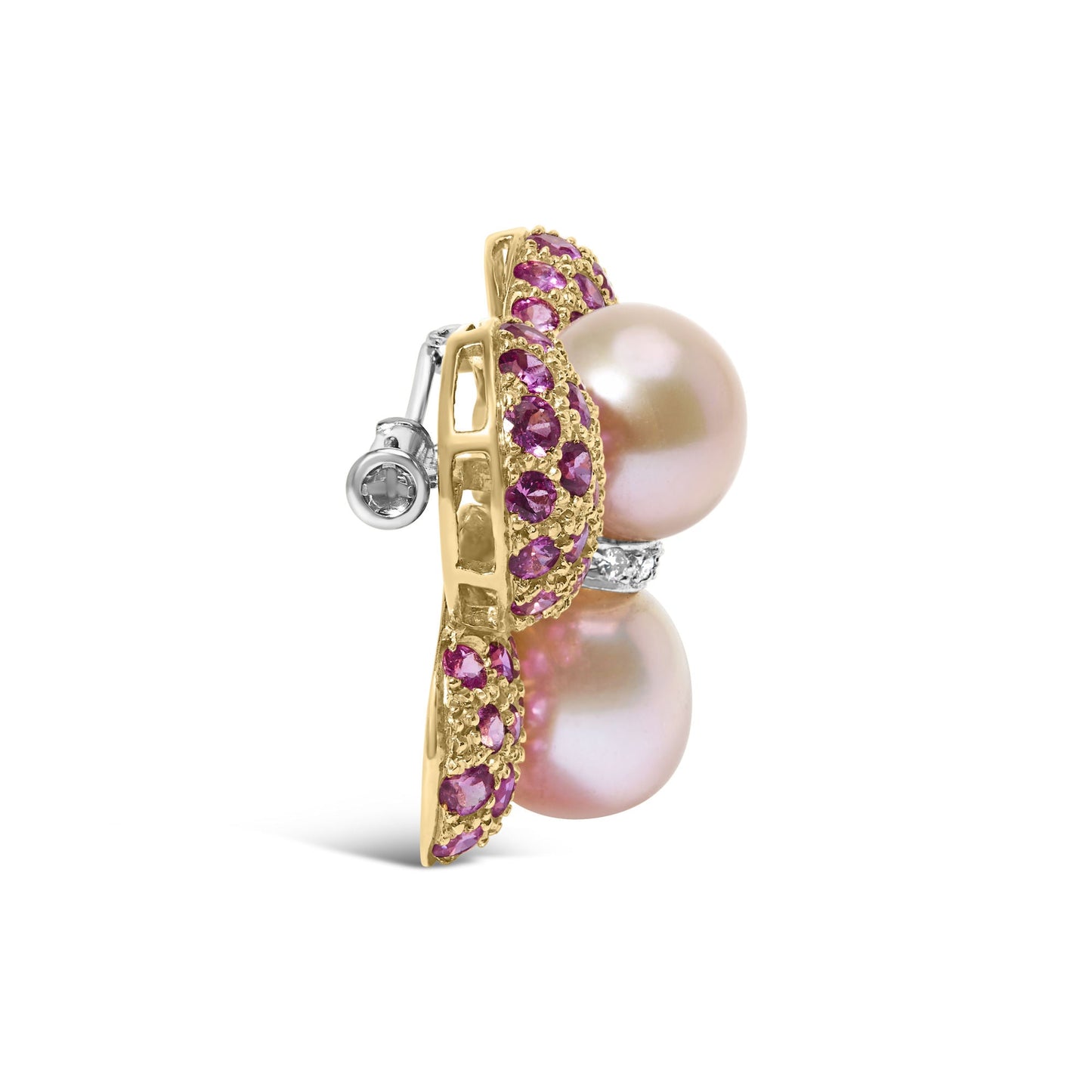 18K Yellow and White Gold 9MM South Sea Pearl and Pink Sapphire Butterfly Pin Brooch with Diamond Accent (F-G Color, VS1-VS2 Clarity)