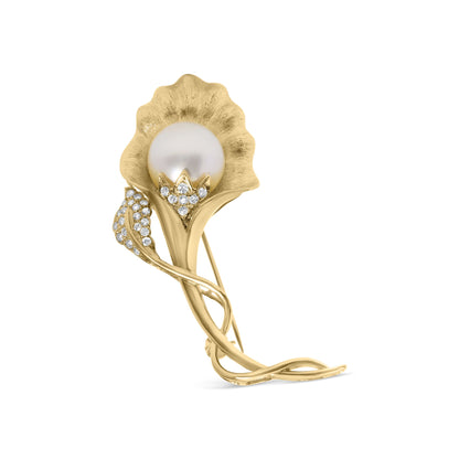 18K Yellow Gold 2/5 Cttw Diamond and 12MM Cultured South Sea Pearl Flower Pin Brooch (G-H Color, VS1-VS2 Clarity)