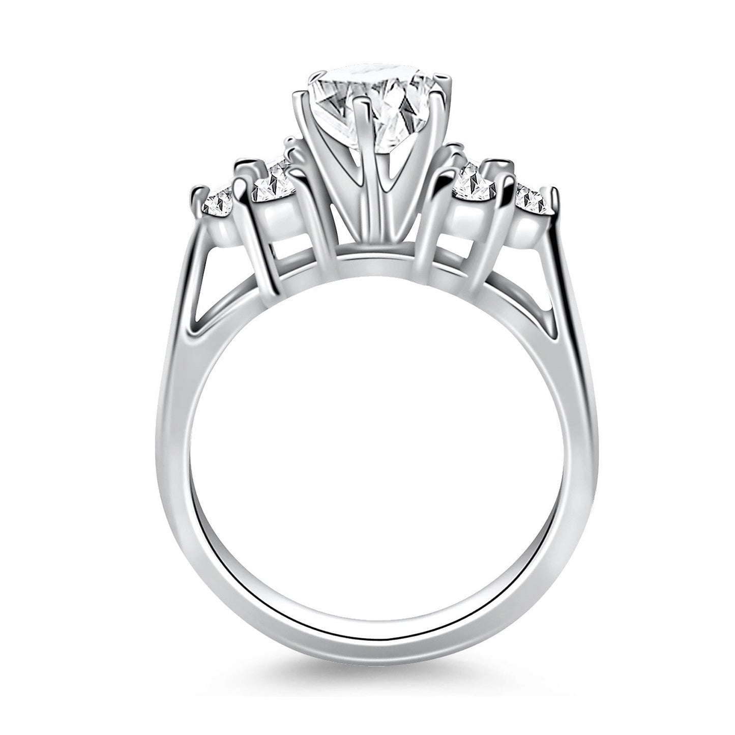 14k White Gold Cathedral Engagement Ring with Side Diamond Clusters