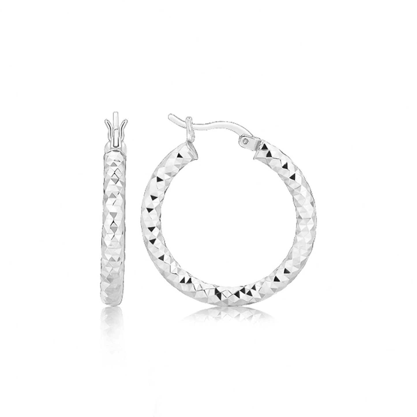 Sterling Silver Faceted Style Hoop Earrings with Rhodium Finishing(3x20mm)