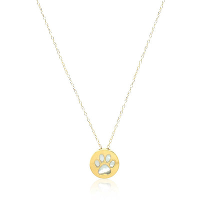 14k Yellow Gold Necklace with Dog Paw Print Symbol in Mother of Pearl