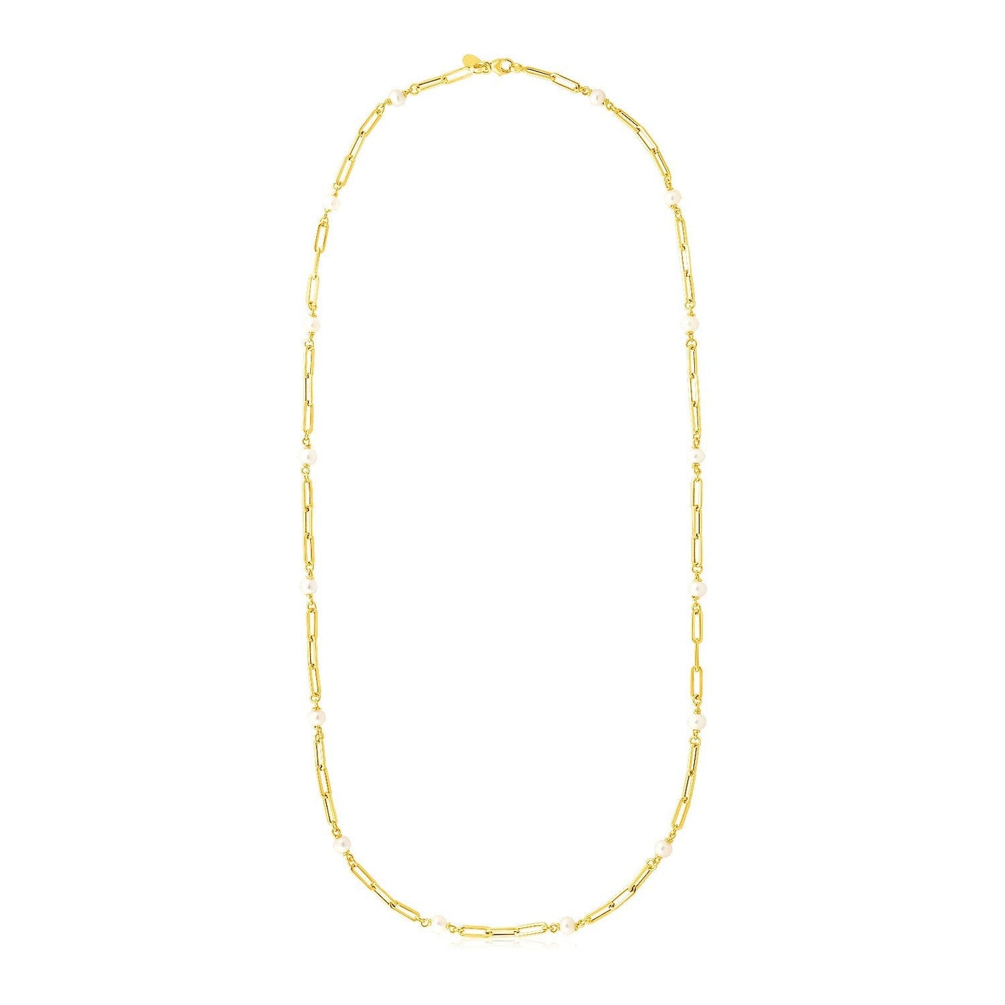 14k Yellow Gold Paperclip Chain and Pearl Necklace